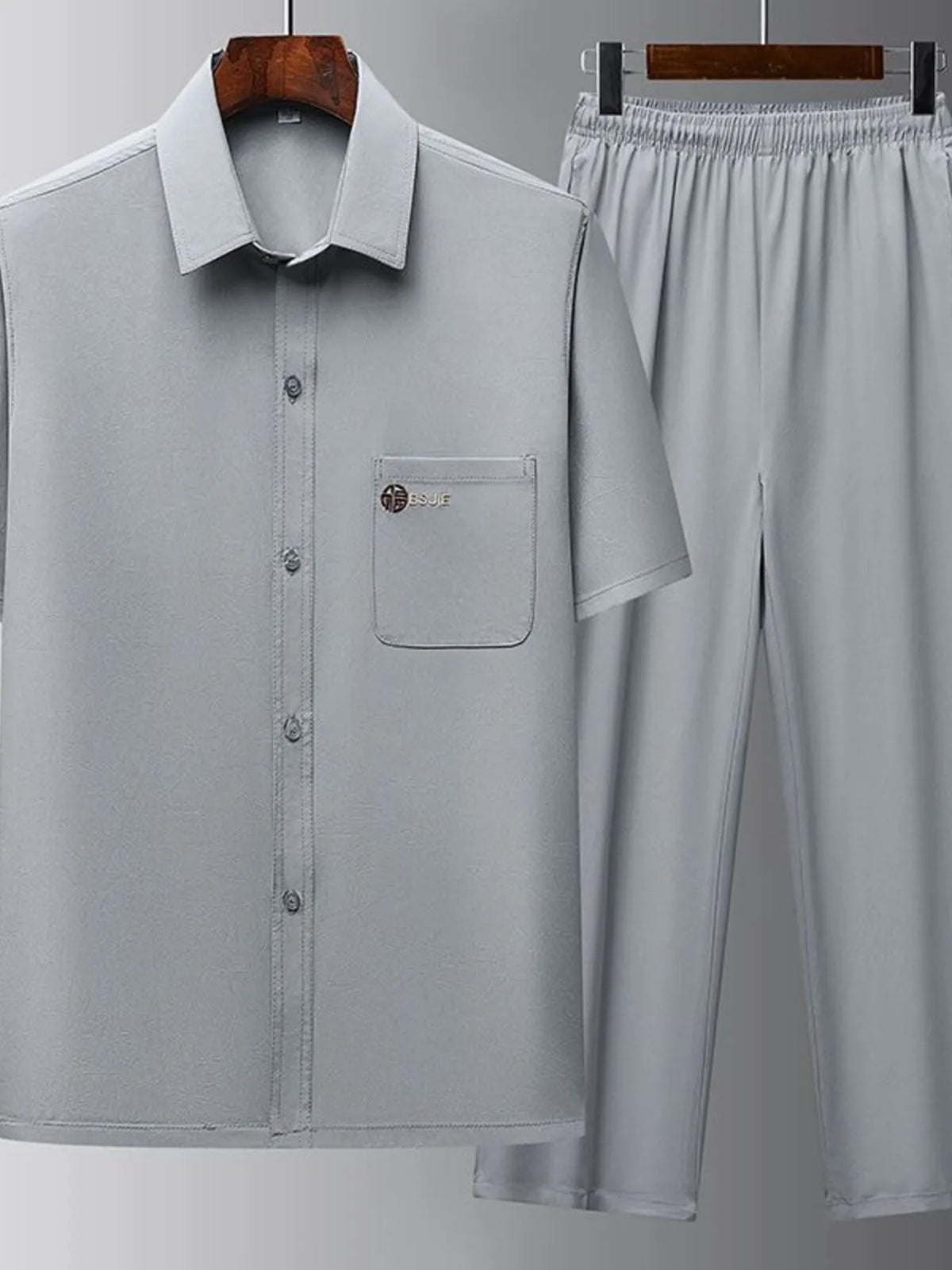 Men's Full Size Button Up Short Sleeve Top and Pants Set Plus Size in Gray