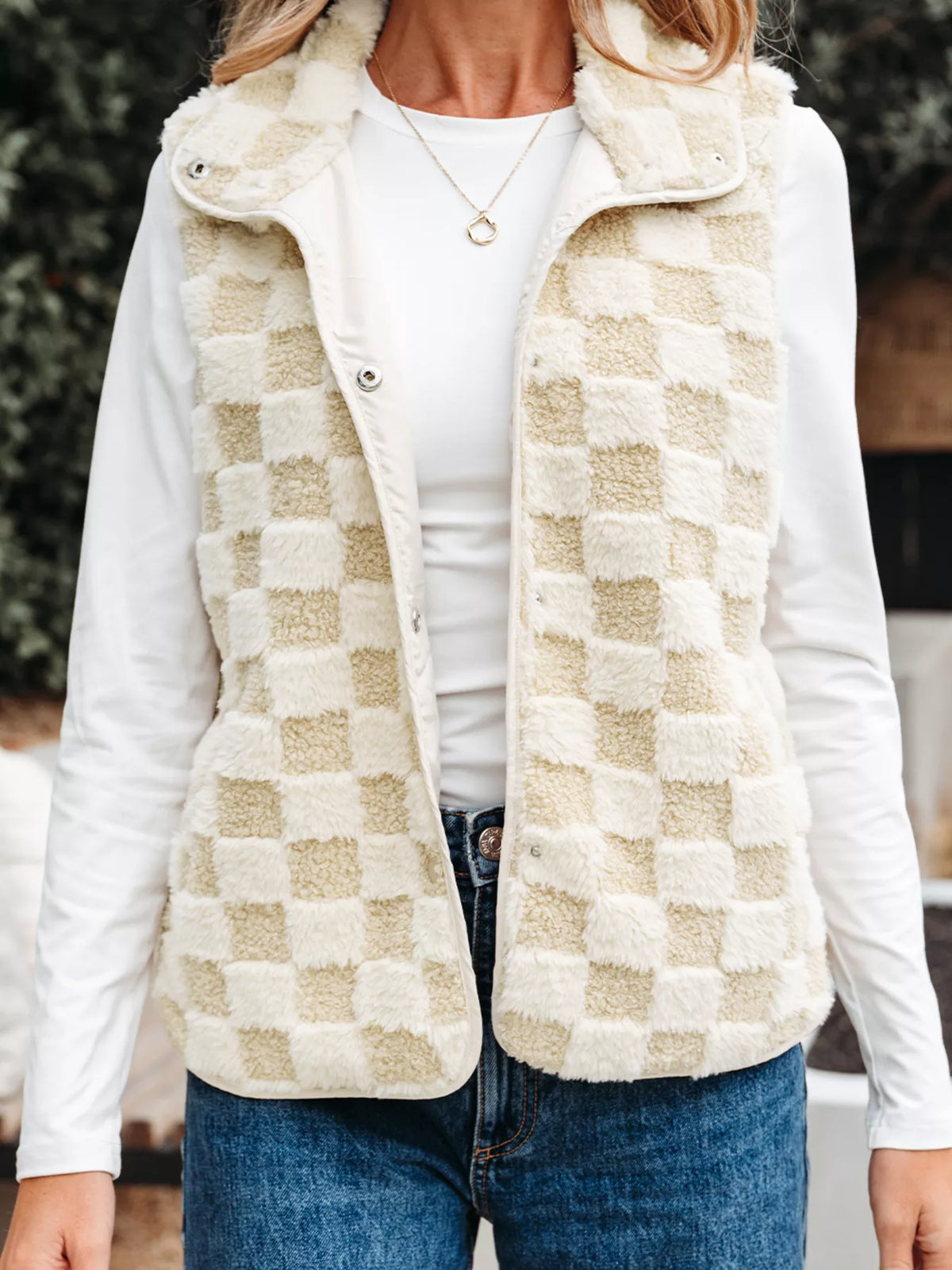 Sherpa Checkerboard Snap Button Vest Coat with Pocket - Lilixa.store