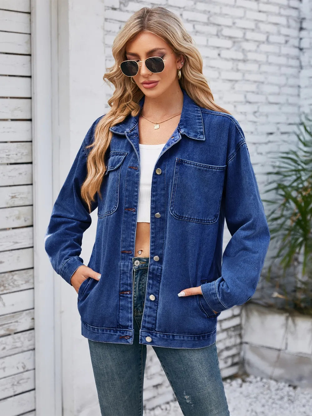 Pocketd Button Up Detachable Hooded Denim Jacket in Dark Blue