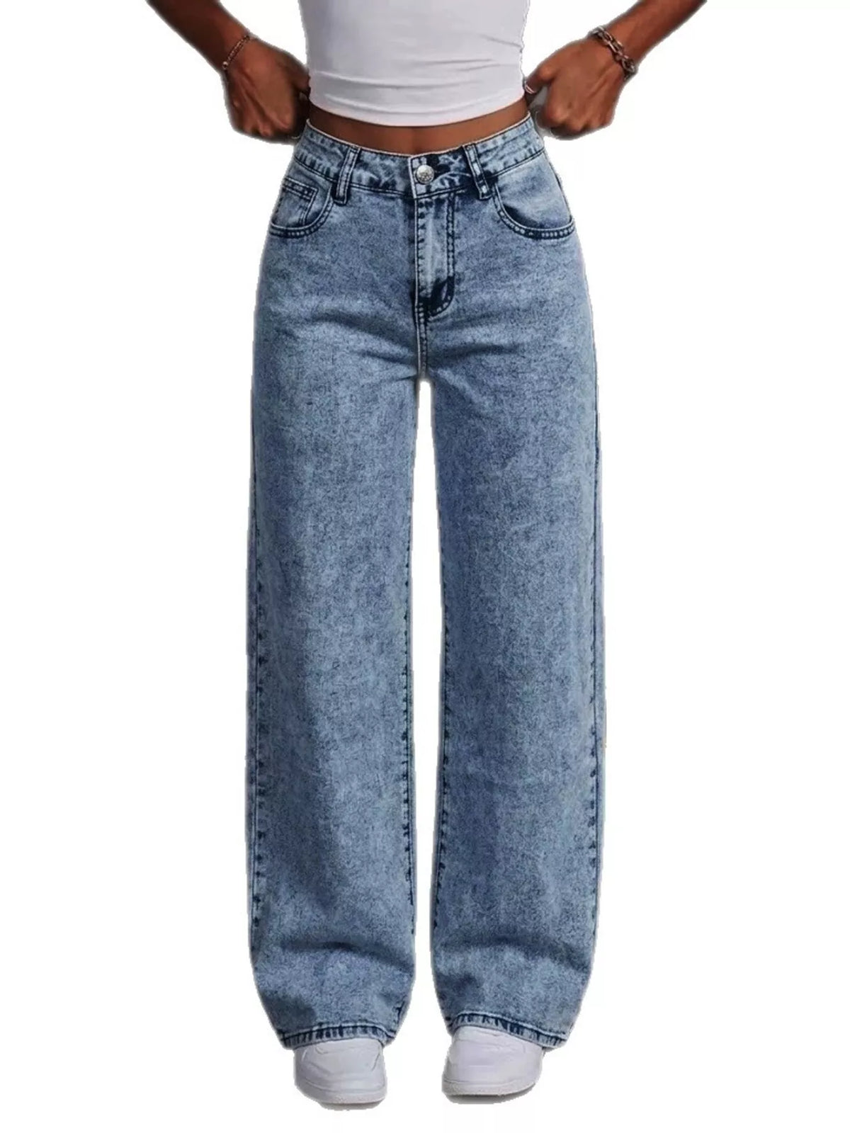 Washed Wide Leg Jeans with Embroidered Bow Detail in Dusty Blue, view 6
