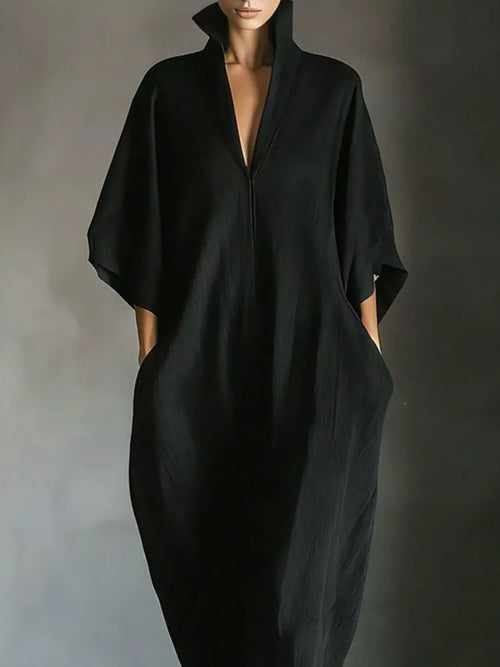 3/4 Sleeve Maxi Dress with Pockets in Black, view 2