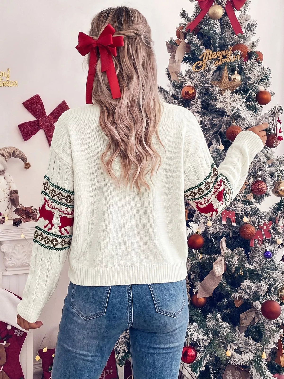 Christmas Reindeer Pattern Cable Knit Sweater