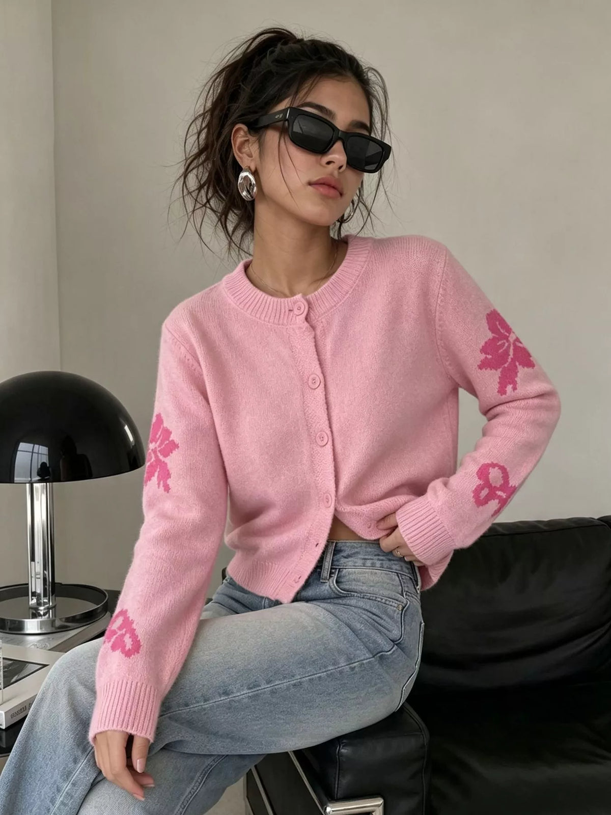 Floral Crew Neck Cropped Knit Cardigan, view 18