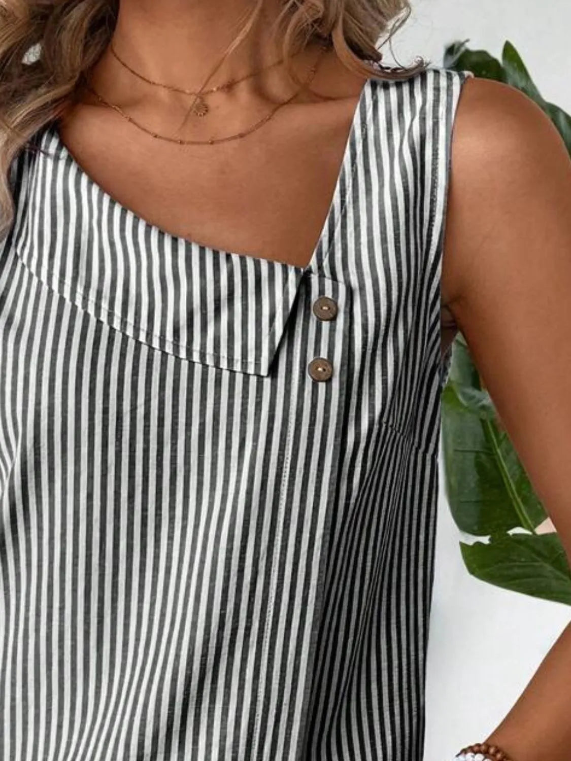Decorative Button Asymmetrical Striped Tank - Lilixa.store