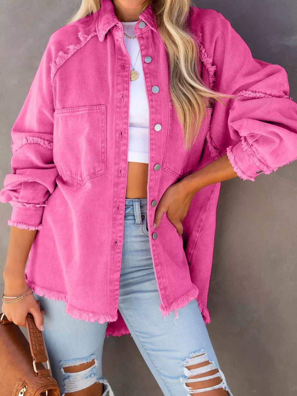 Button Down Raw Hem Denim Jacket - Lilixa.store