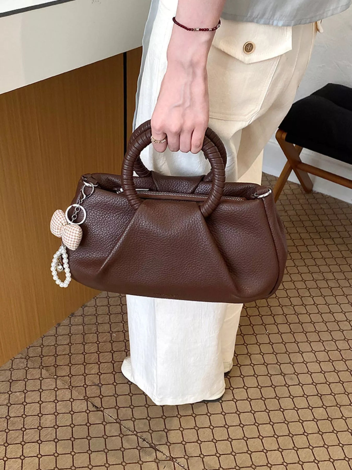 Top Handle Crossbody Bag with Pearl Bow Charm - Lilixa.store