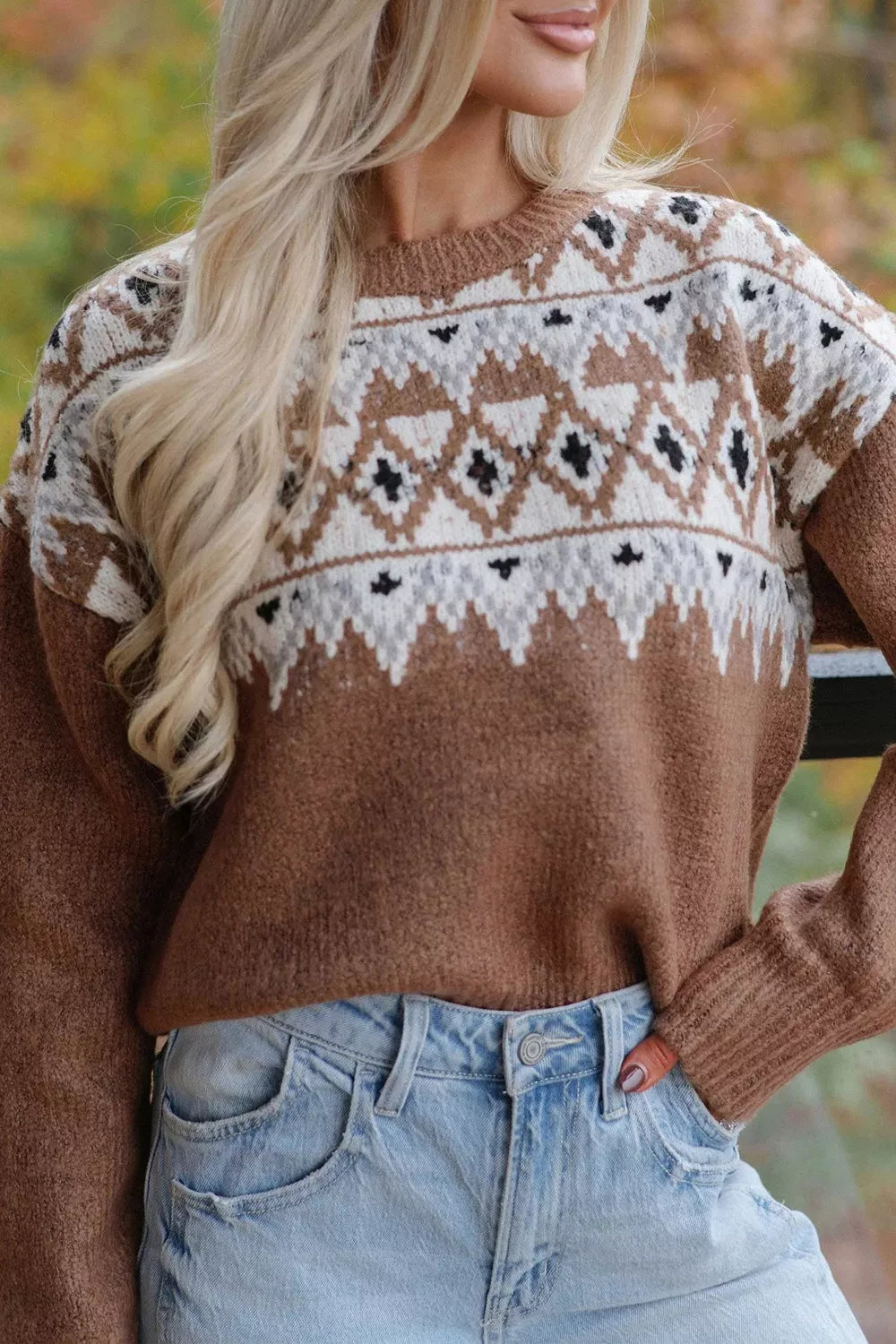 Geometric Print Drop Shoulder Casual Pullover Sweater