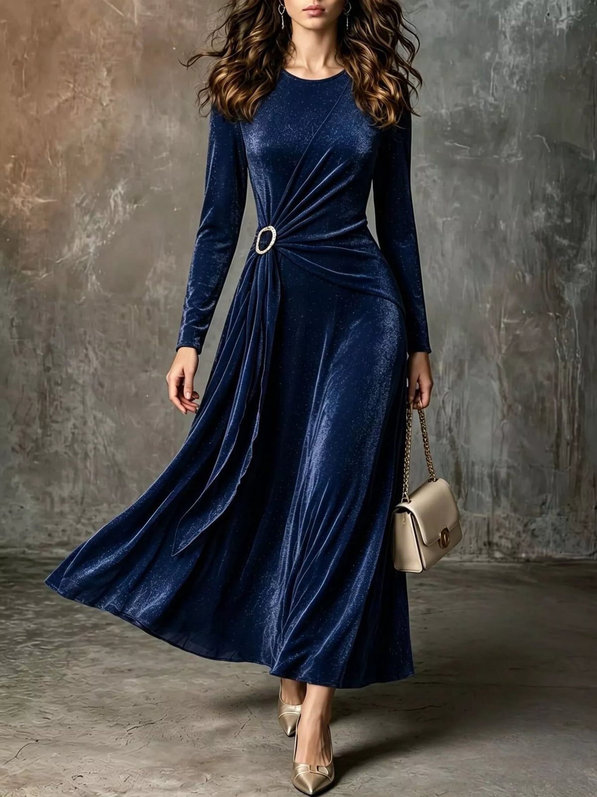 Full Size Velvet Long-Sleeve Maxi Dress with Ring Detail Plus Size - Lilixa.store