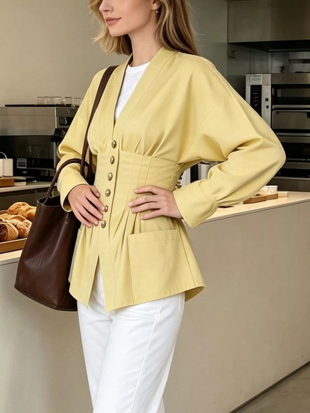 Pleated Waist Blouse with Button Detail, view 10