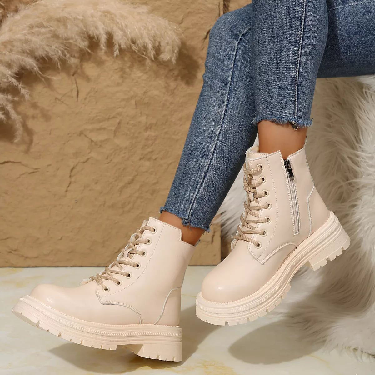 Lace Up Round Toe Platform Boots - Lilixa.store