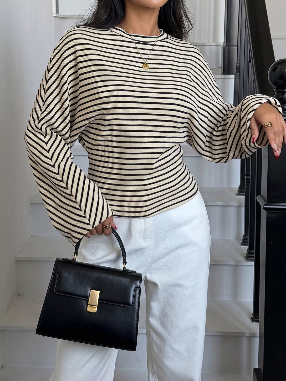 Striped Batwing Sleeve Crew Neck T-Shirt