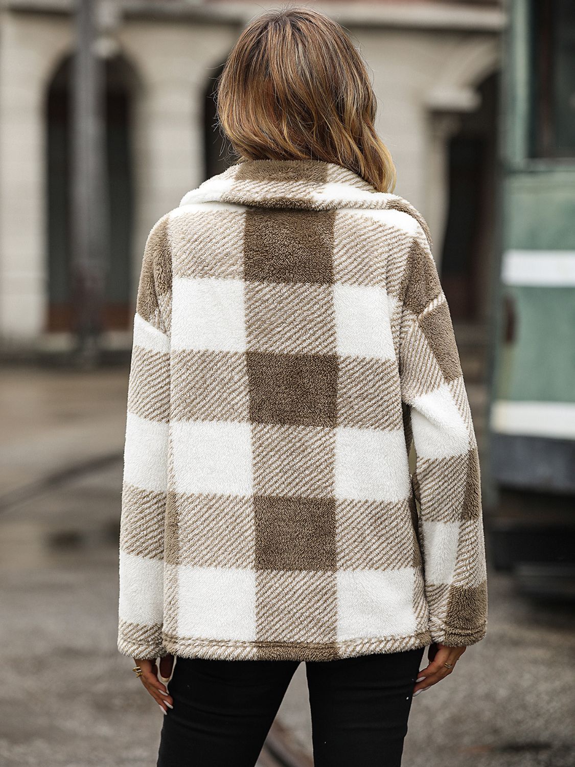 Plaid Collared Neck Button Down Jacket, view 5