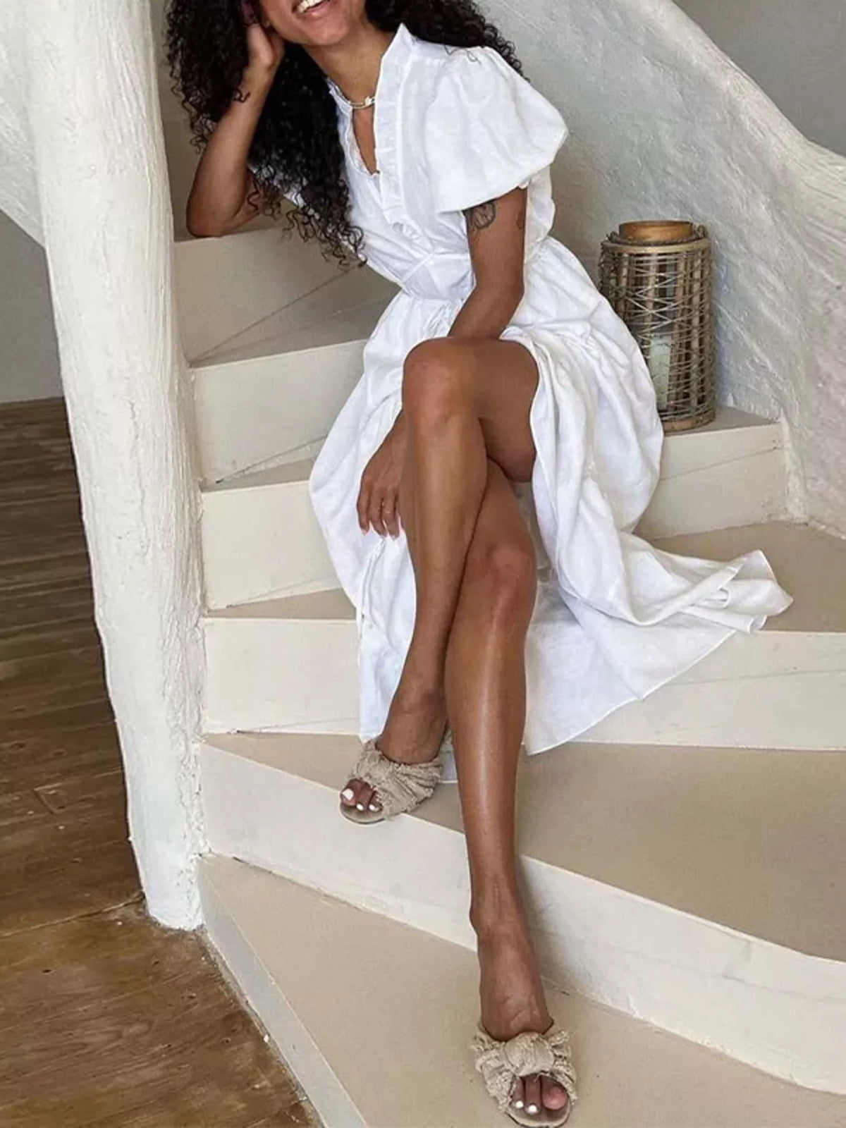 Full Size Puff Sleeve Ruffle Trim Maxi Dress Plus Size, view 4