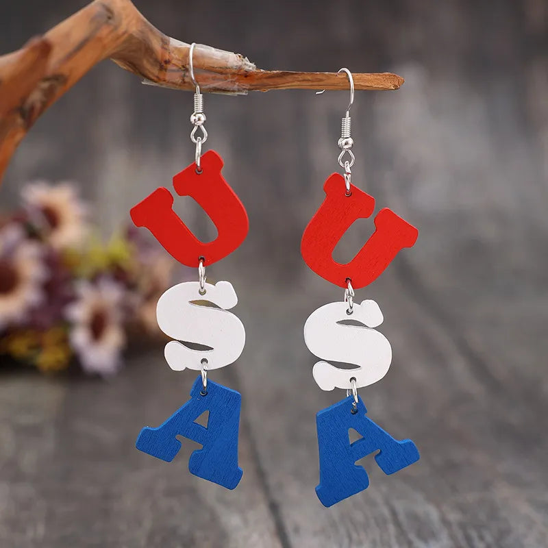 USA Wooden Letter Dangle Earrings in White