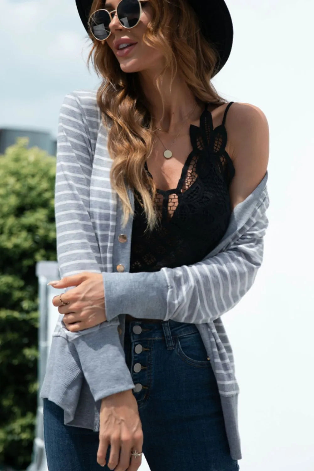 Striped Snap Down Long Sleeve Cardigan - Lilixa.store
