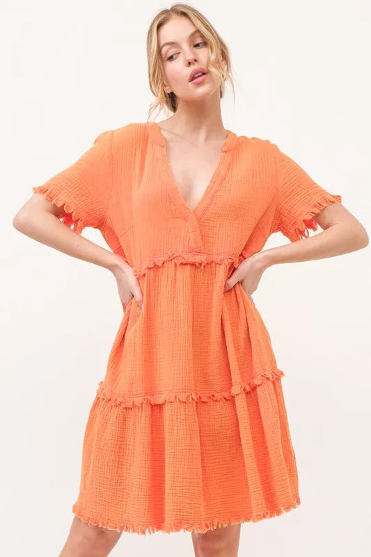 And The Why Washed Frayed Detail Tiered Dress in Orange