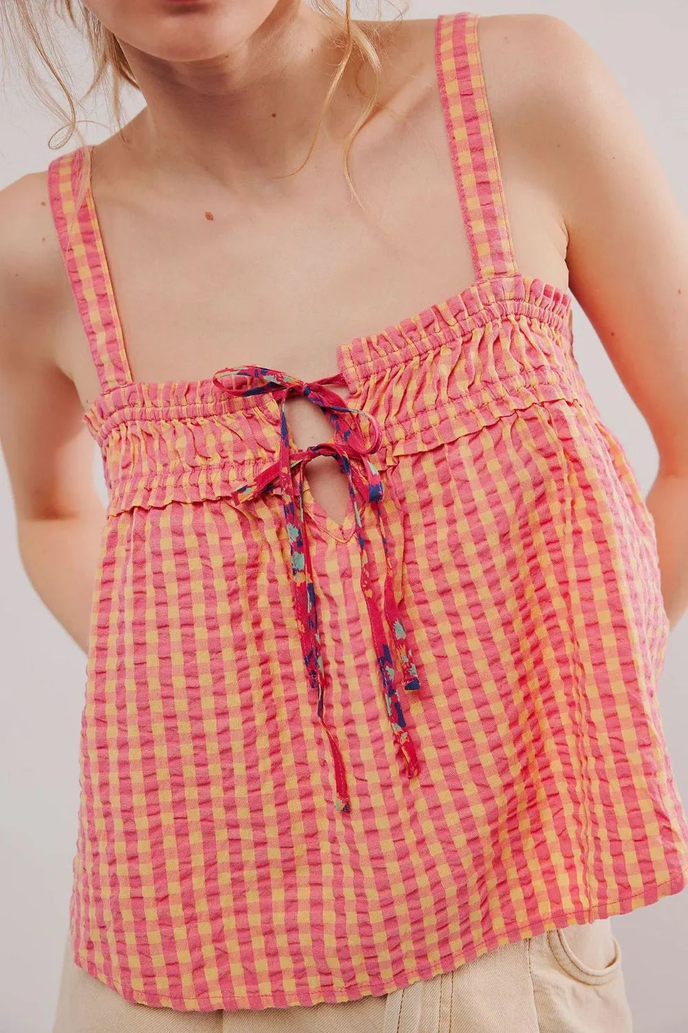Tied Front Textured Square Neck Cami - Lilixa.store