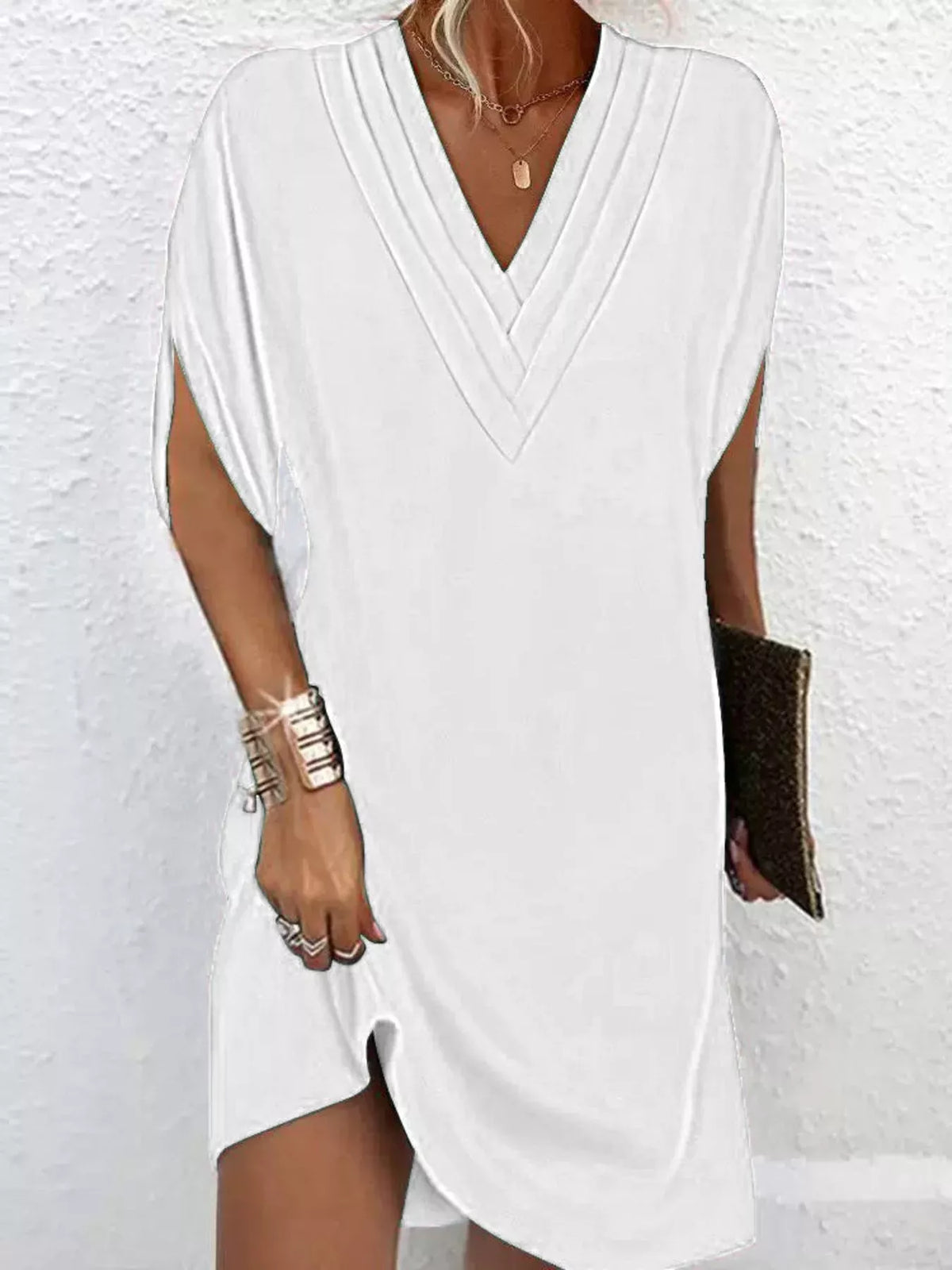 Full Size V-Neck Slit Sleeve Mini Dress Plus Size - Lilixa.store