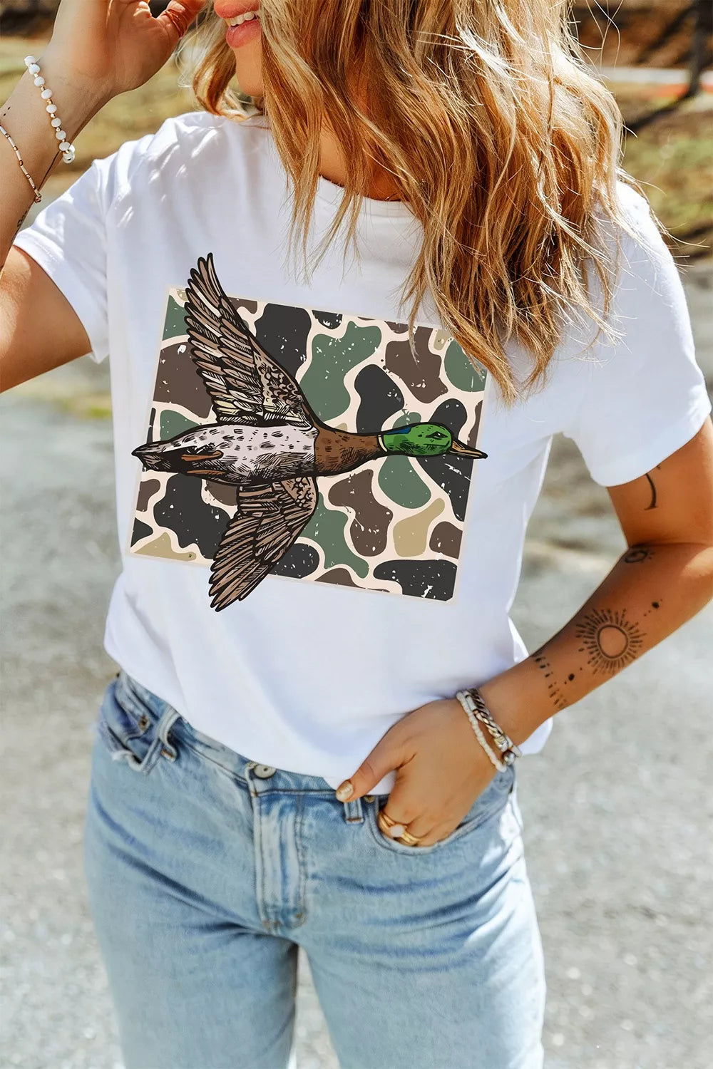 Western Camo Mallard Duck Graphic Casual Short Sleeve T-Shirt