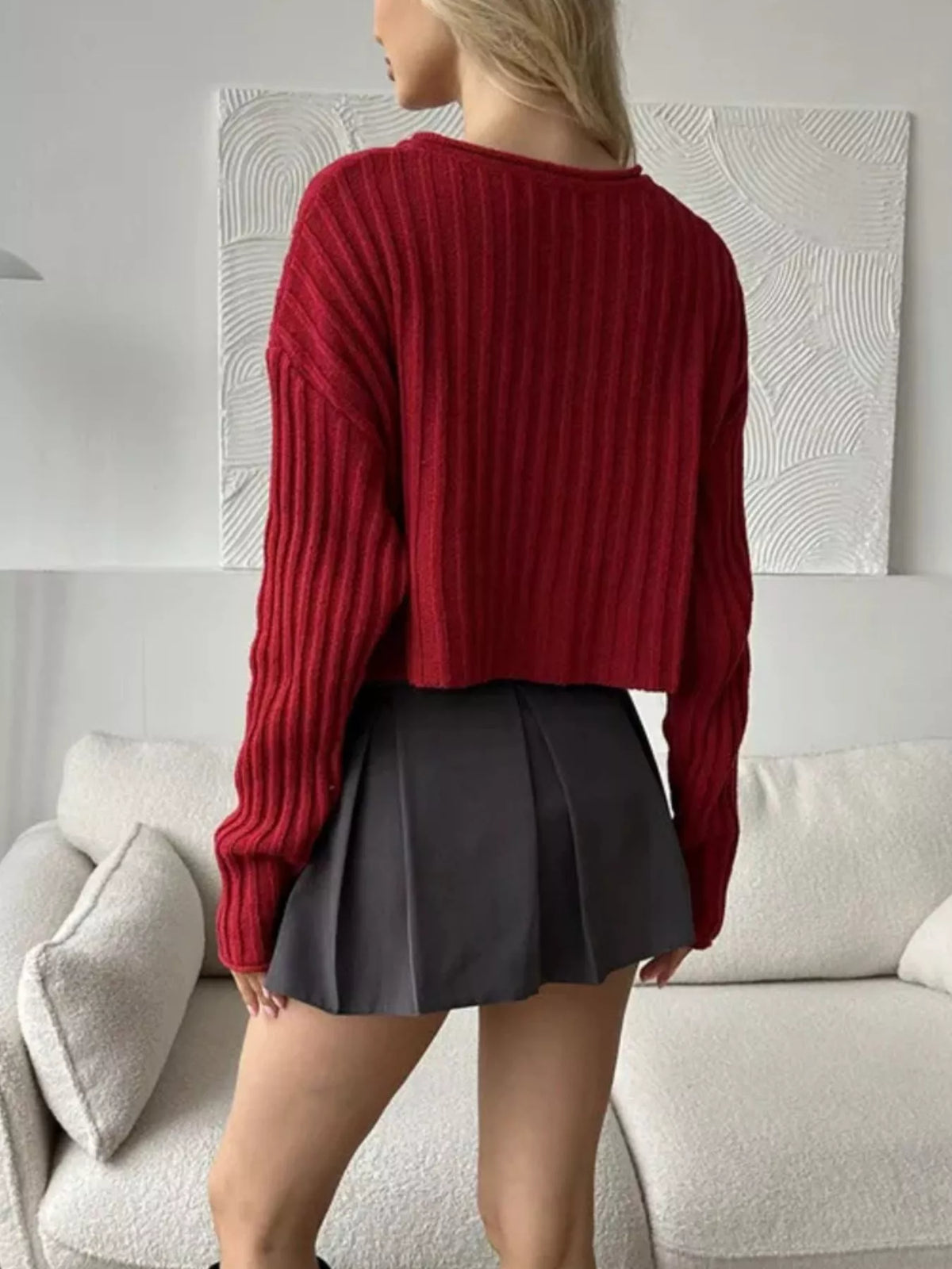 Ribbed Lace-Up Crop Sweater, view 10