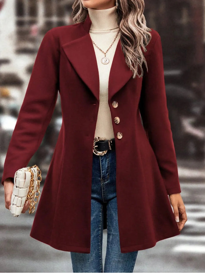 Collared Neck Button Up Long Sleeve Coat in Burgundy