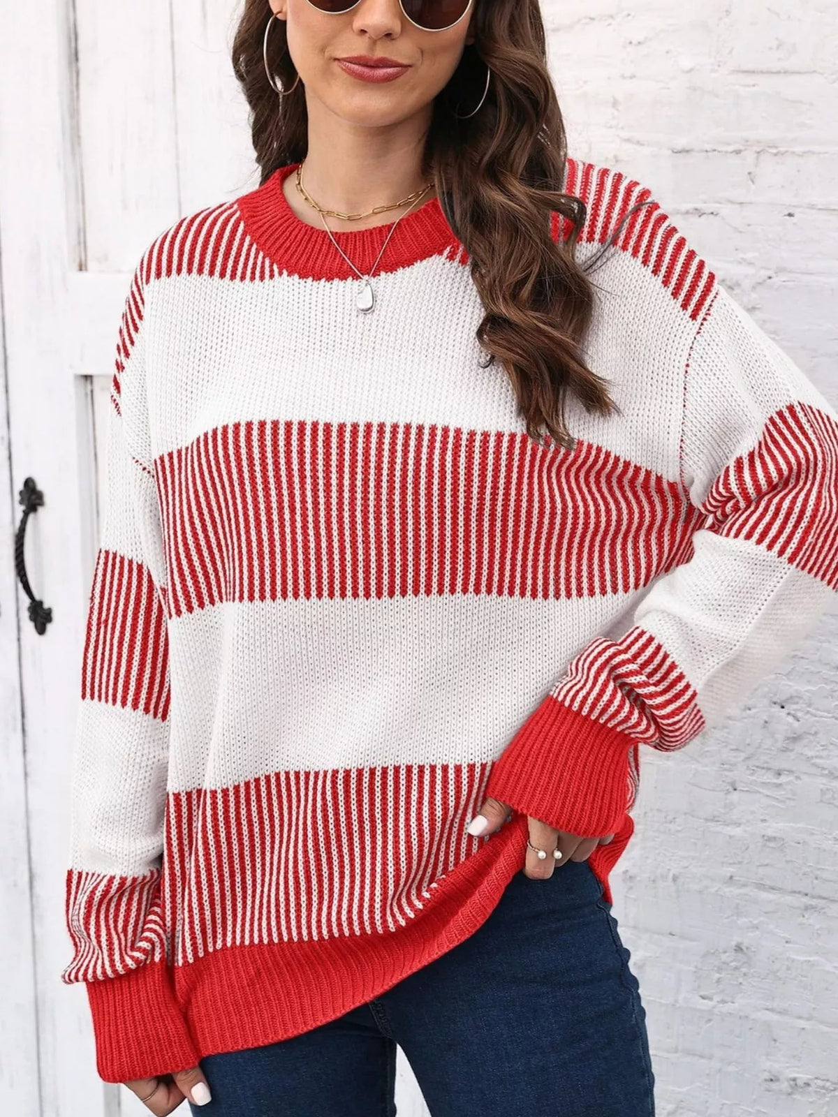 Full Size Striped Color Block Crew Neck Sweater Plus Size, view 5