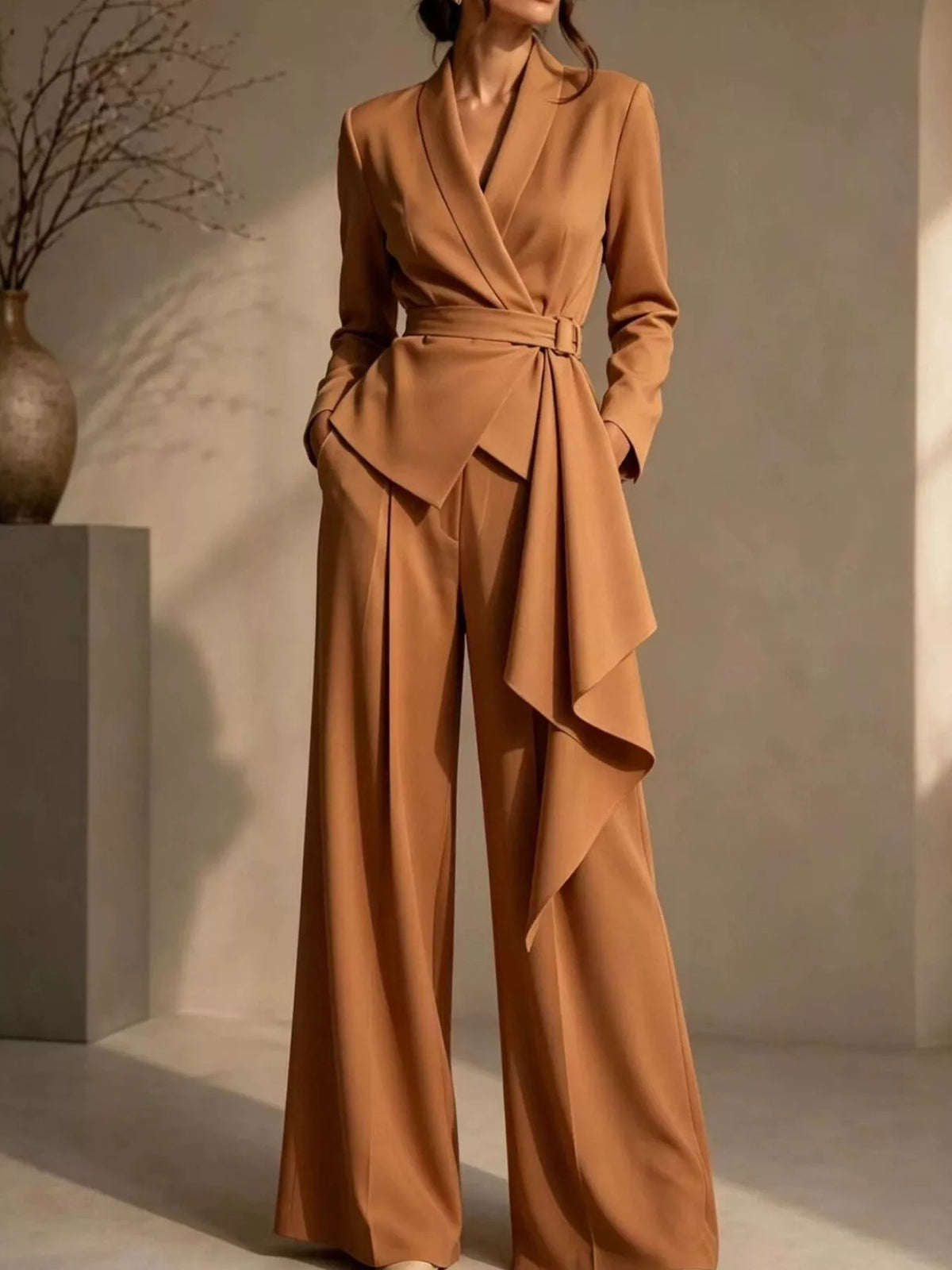 Full Size Belted Blazer and Wide-Leg Pants Set Plus Size - Lilixa.store