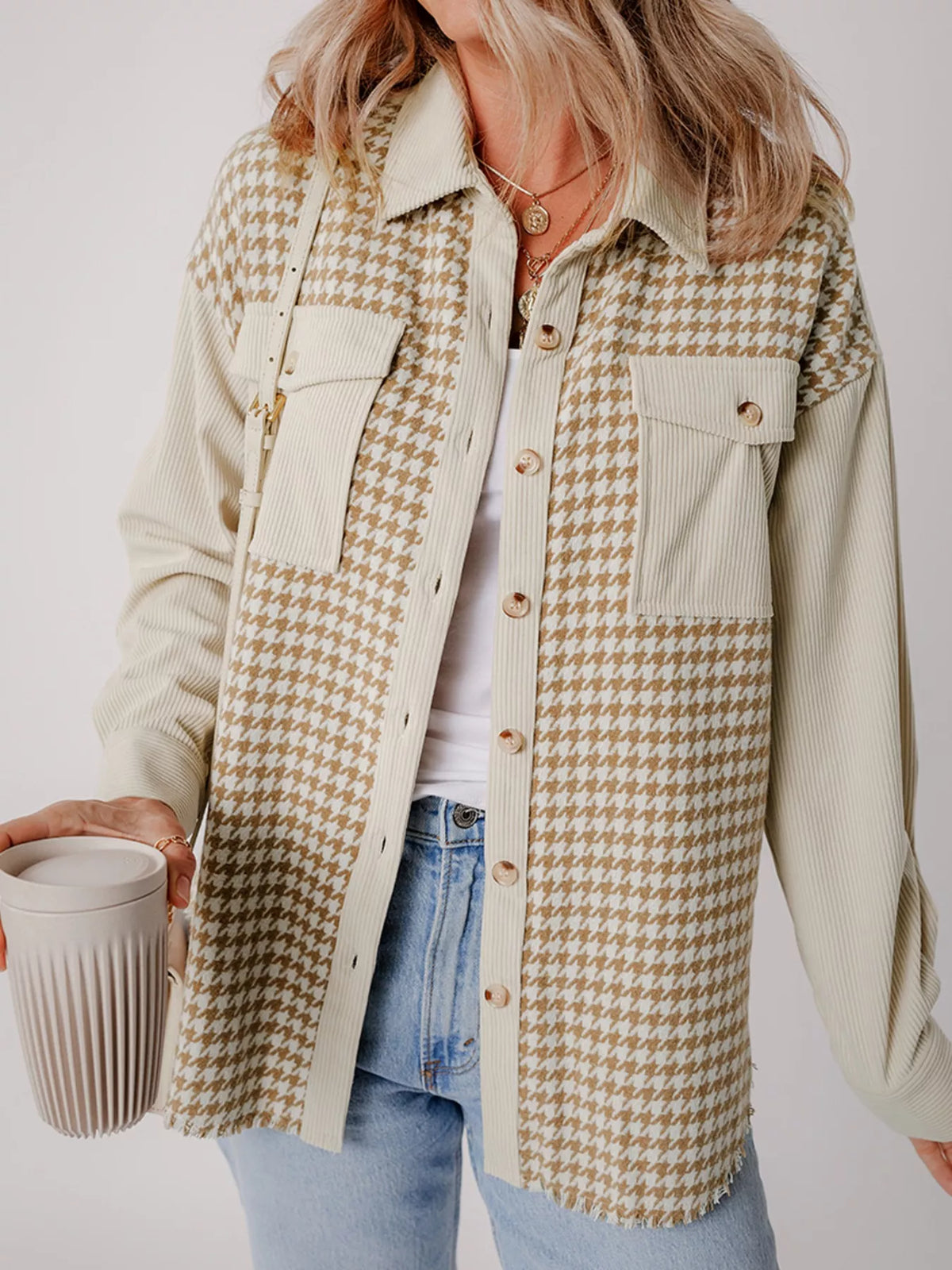 Houndstooth Button-Down Jacket in Beige, view 5