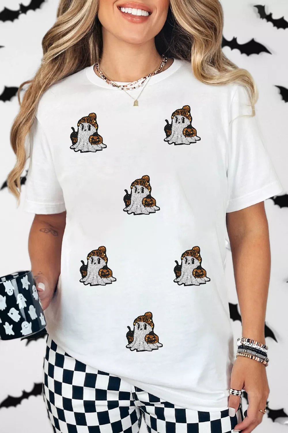 Full Size Halloween Sequin Ghost Print Short Sleeve Casual T-Shirt Plus Size - Lilixa.store