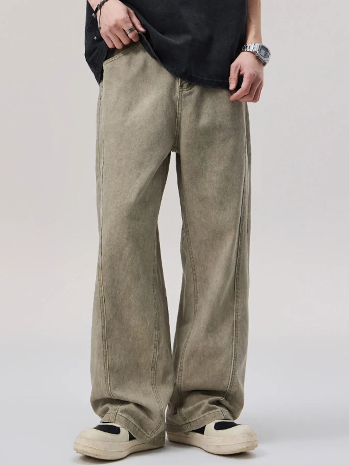 Men's Vintage Washed Loose-Fit Wide-Leg Pants in Khaki