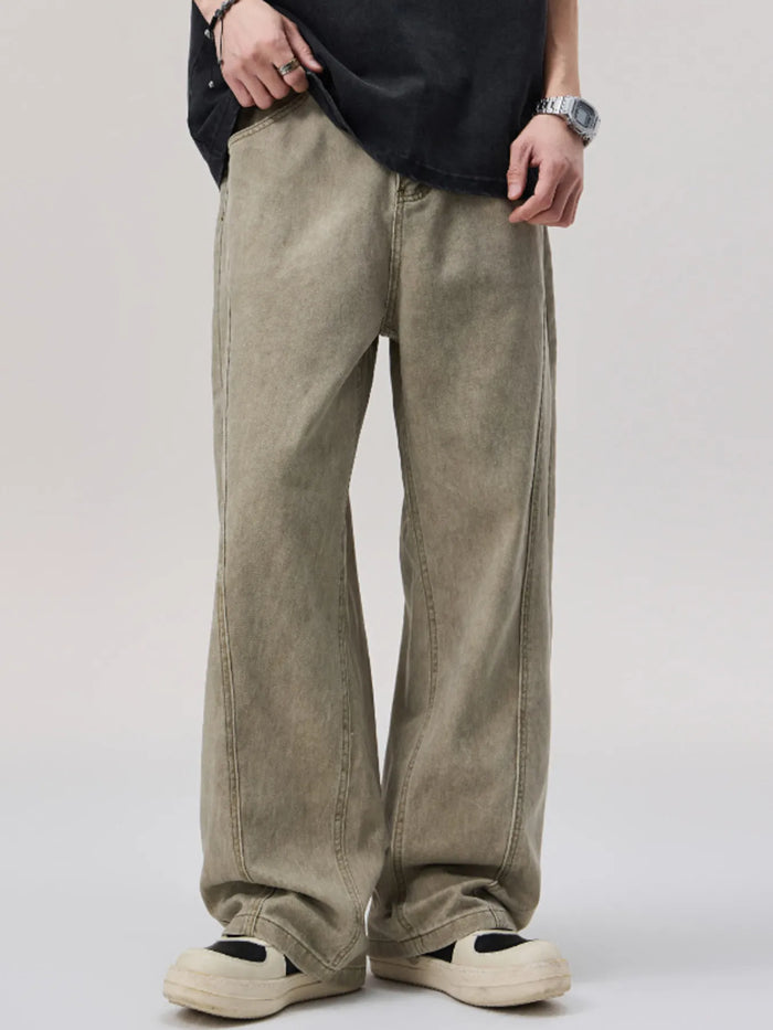 Men's Vintage Washed Loose-Fit Wide-Leg Pants in Khaki
