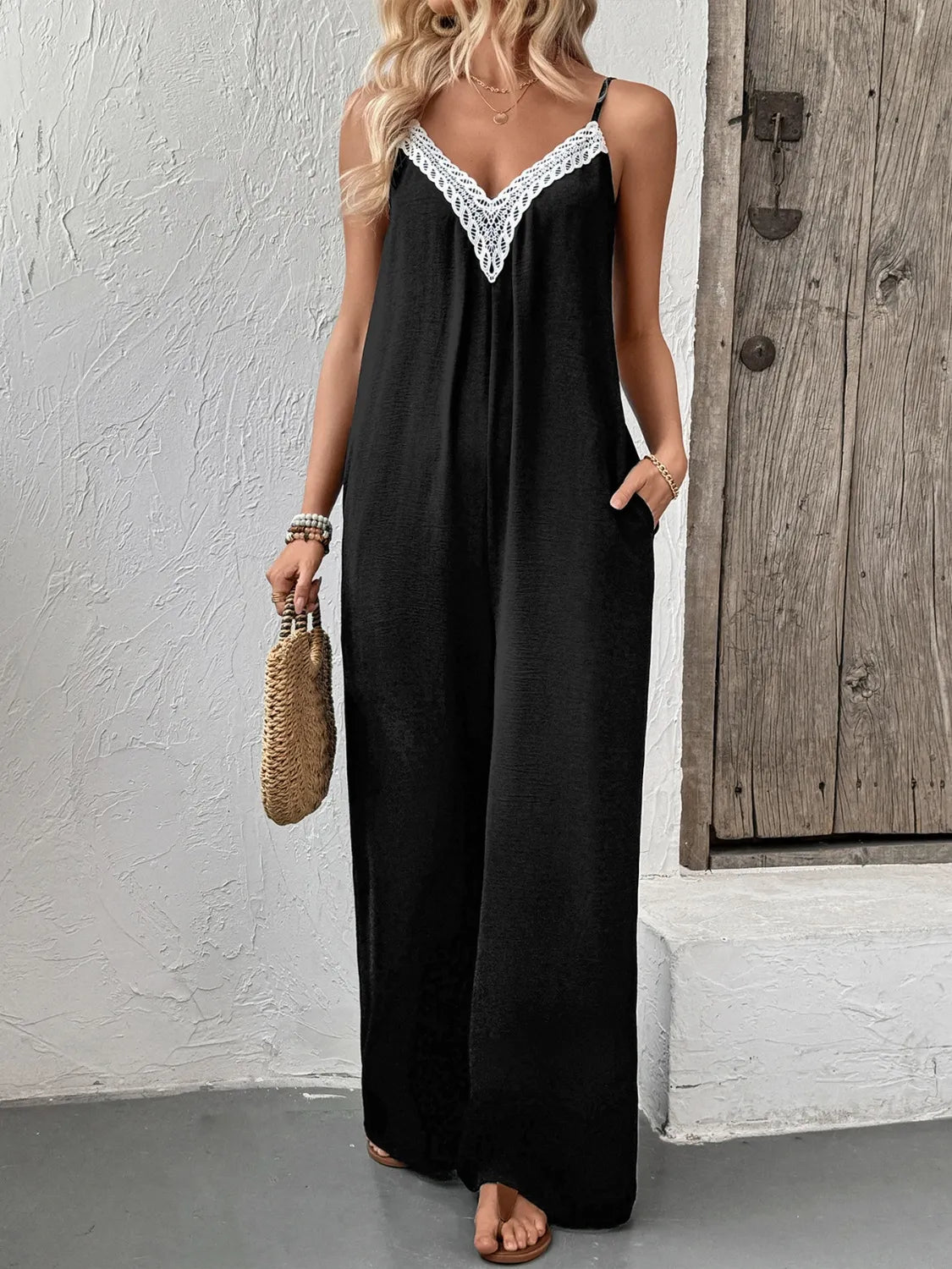 Lace Trim V-Neck Wide Leg Jumpsuit - Lilixa.store