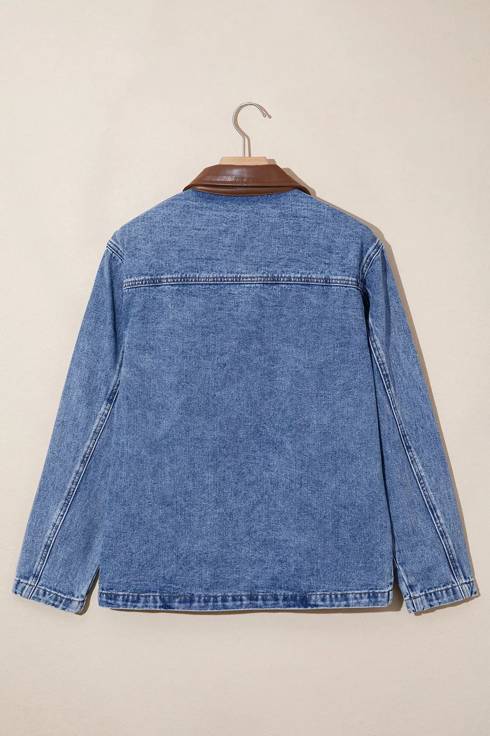 Patchwork Leather Collar Long Sleeve Denim Jacket in Dusty Blue, view 4