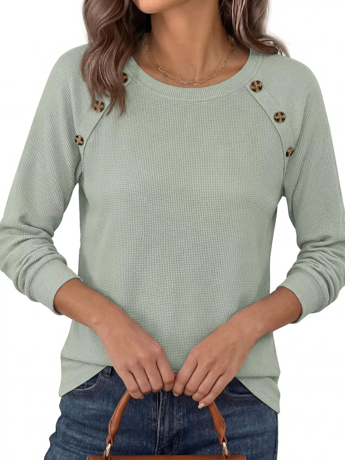 Decorative Button Waffle Knit Long Sleeve T-Shirt