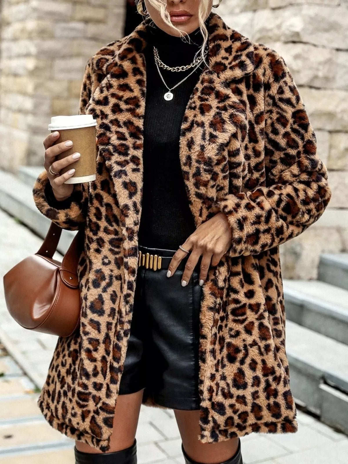 Leopard Print Faux Fur Longline Coat in Gold, view 2