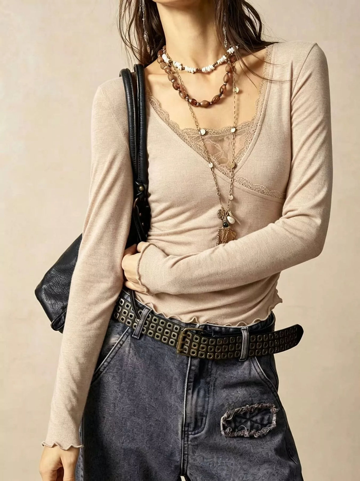 Lace Detail Long Sleeve T-Shirt - Lilixa.store