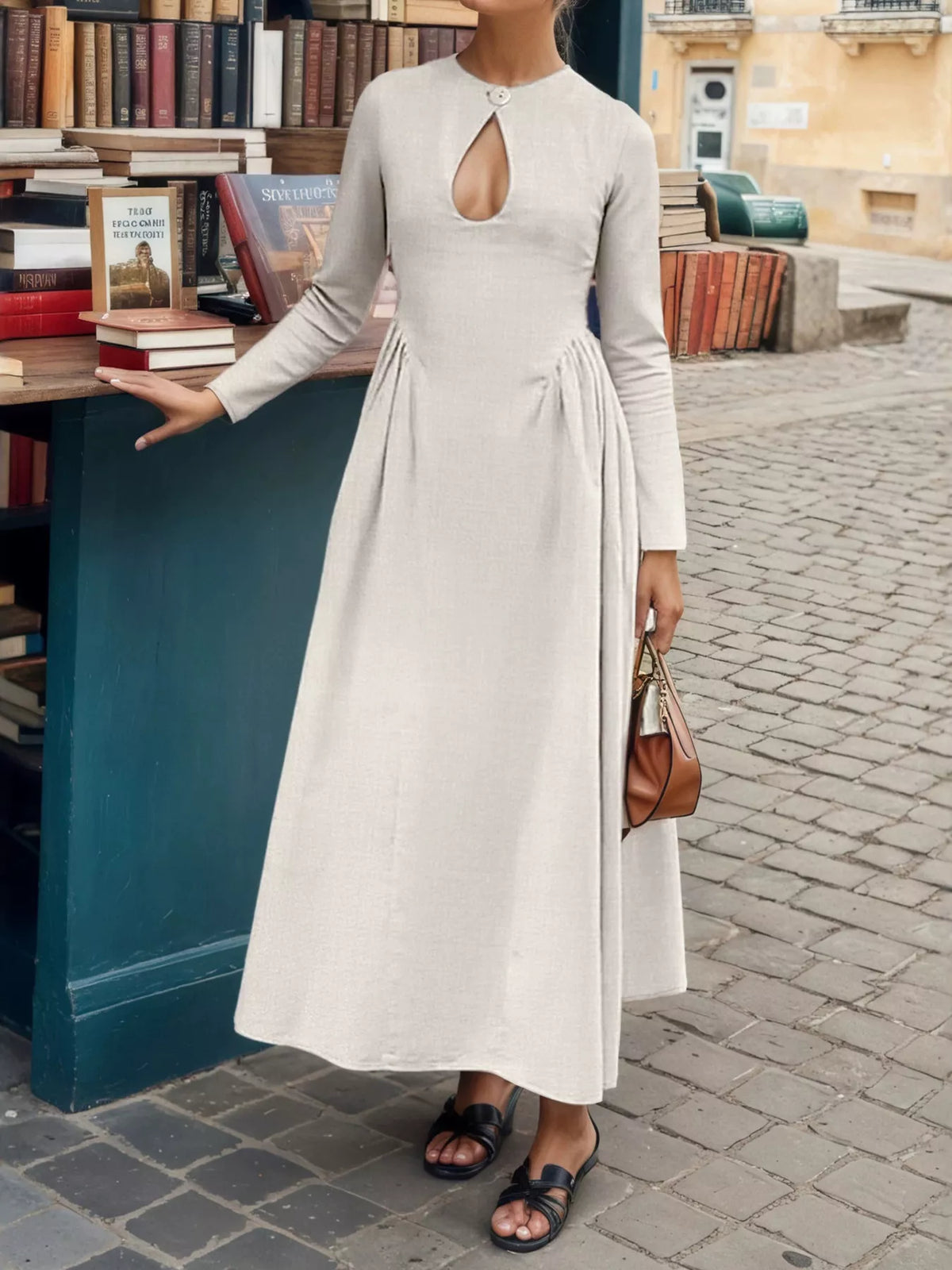 Keyhole Long-Sleeve Midi Dress - Lilixa.store