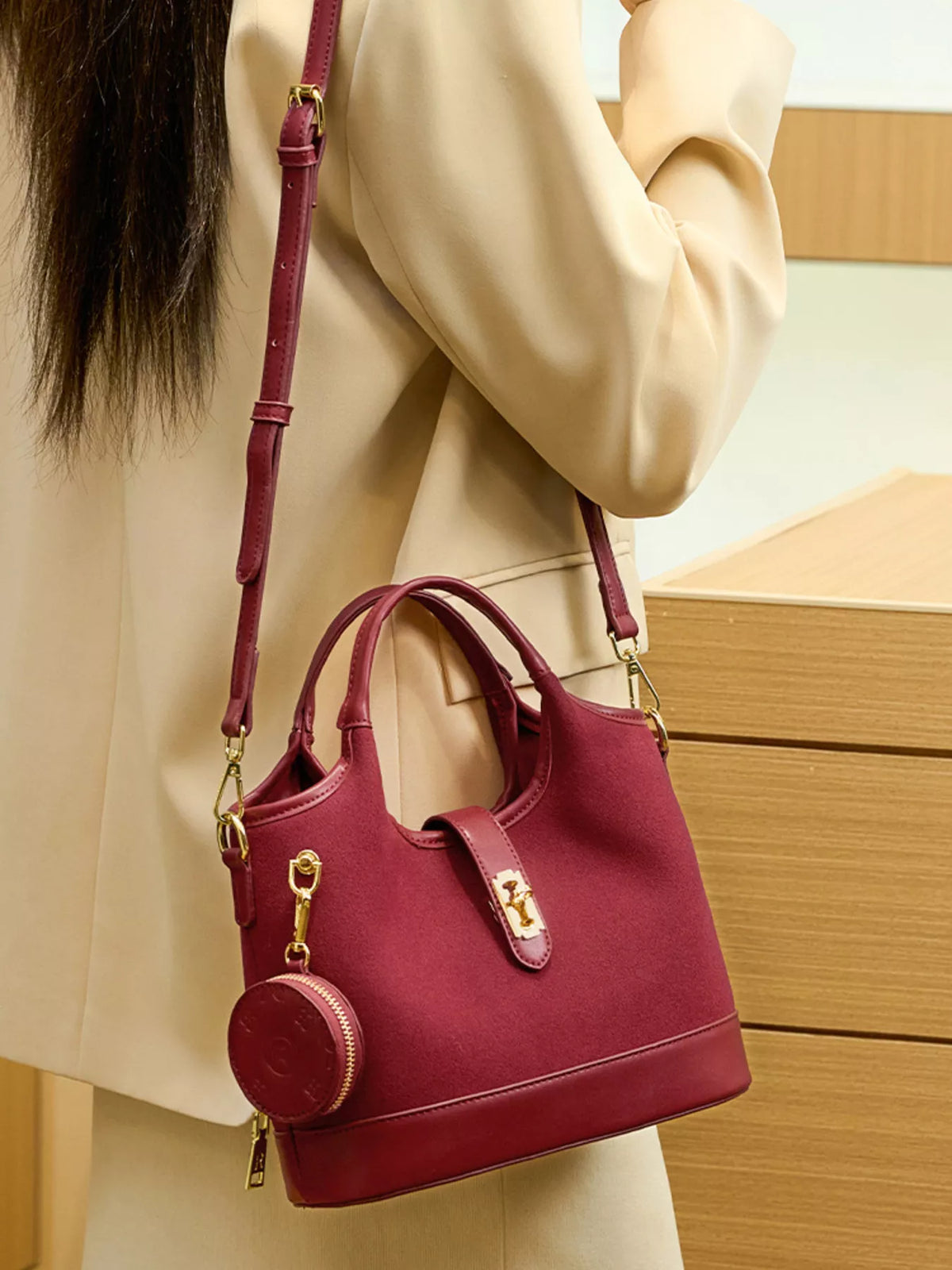 Suede Crossbody Bag with Detachable Coin Pouch in Wine Red, view 5