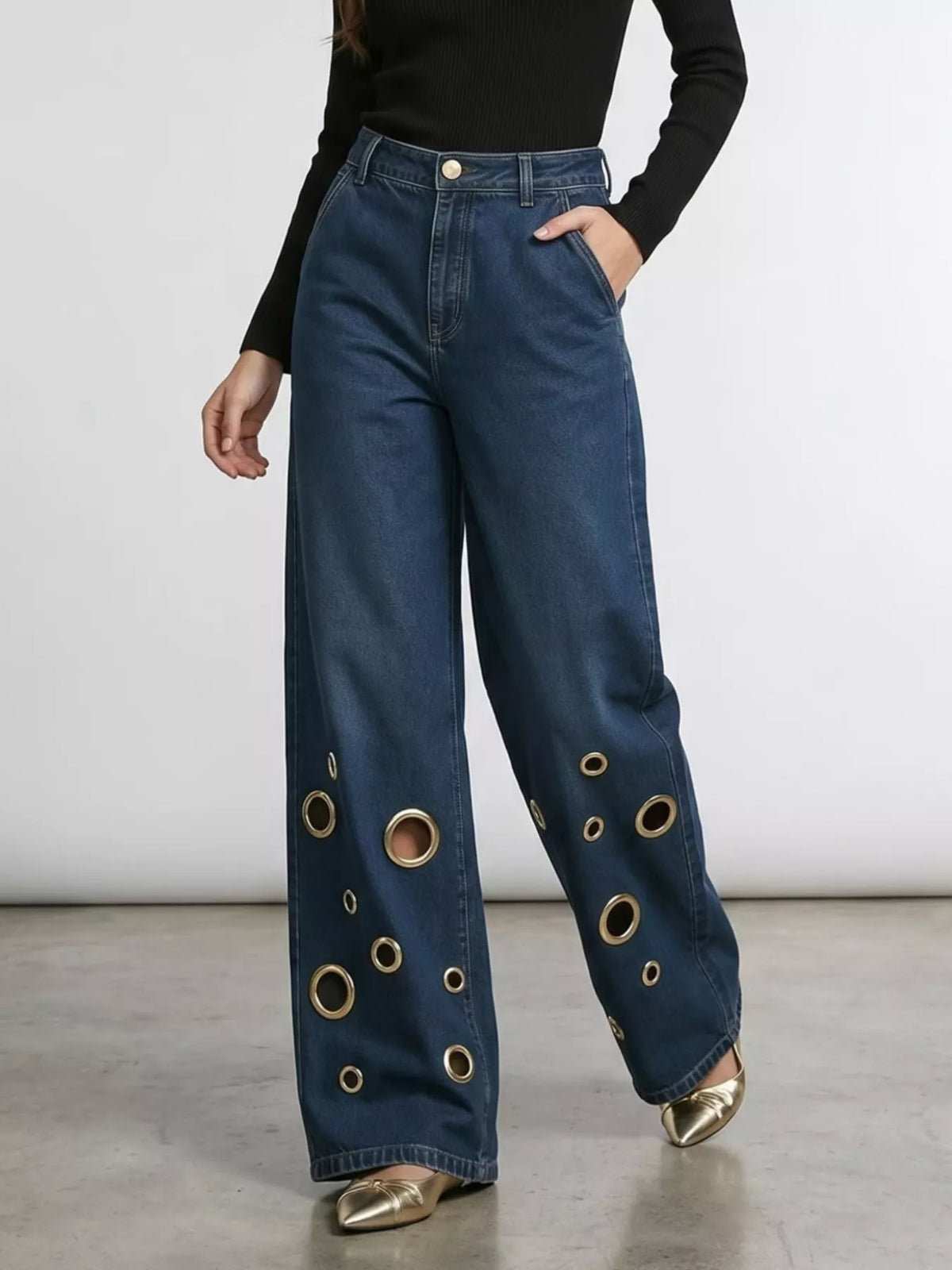 Wide Leg Jeans with Eyelet Details - Lilixa.store