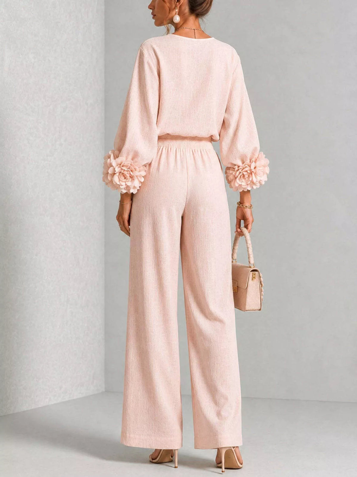 Full Size Floral Cuffs Top and Wide Leg Pants Set Plus Size