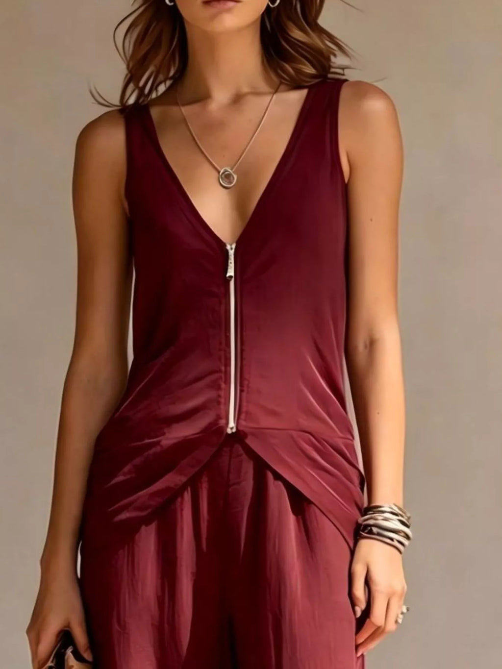 Full Size Zipper Front Tank and Wide-Leg Pants Set Plus Size - Lilixa.store