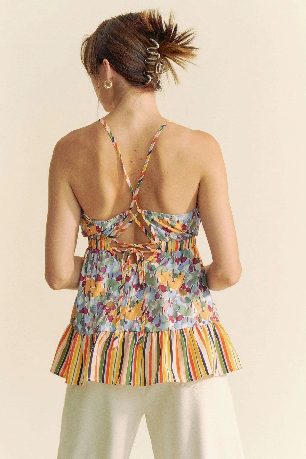 Davi & Dani Floral Smocked Sleeveless Ruffle Back Tie Top - Lilixa.store