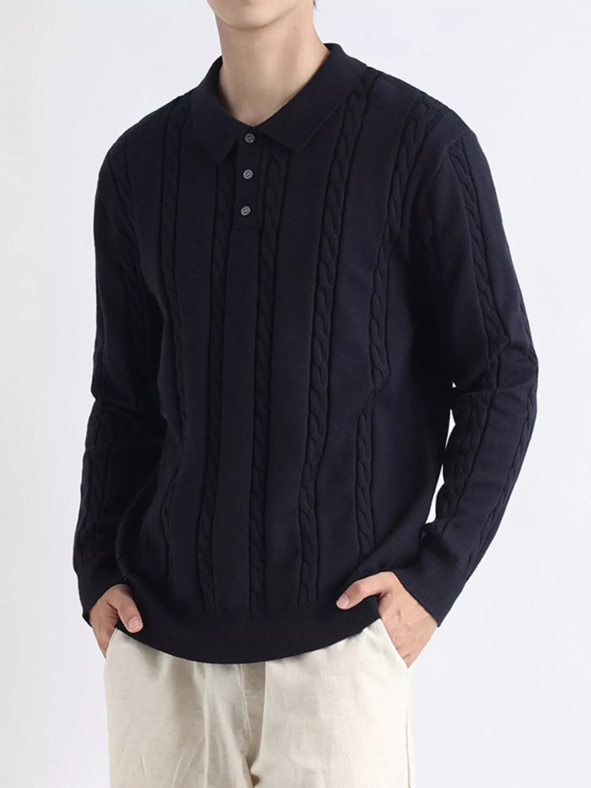 Men's Plus Size Cable-Knit Polo Collar Sweater - Lilixa.store