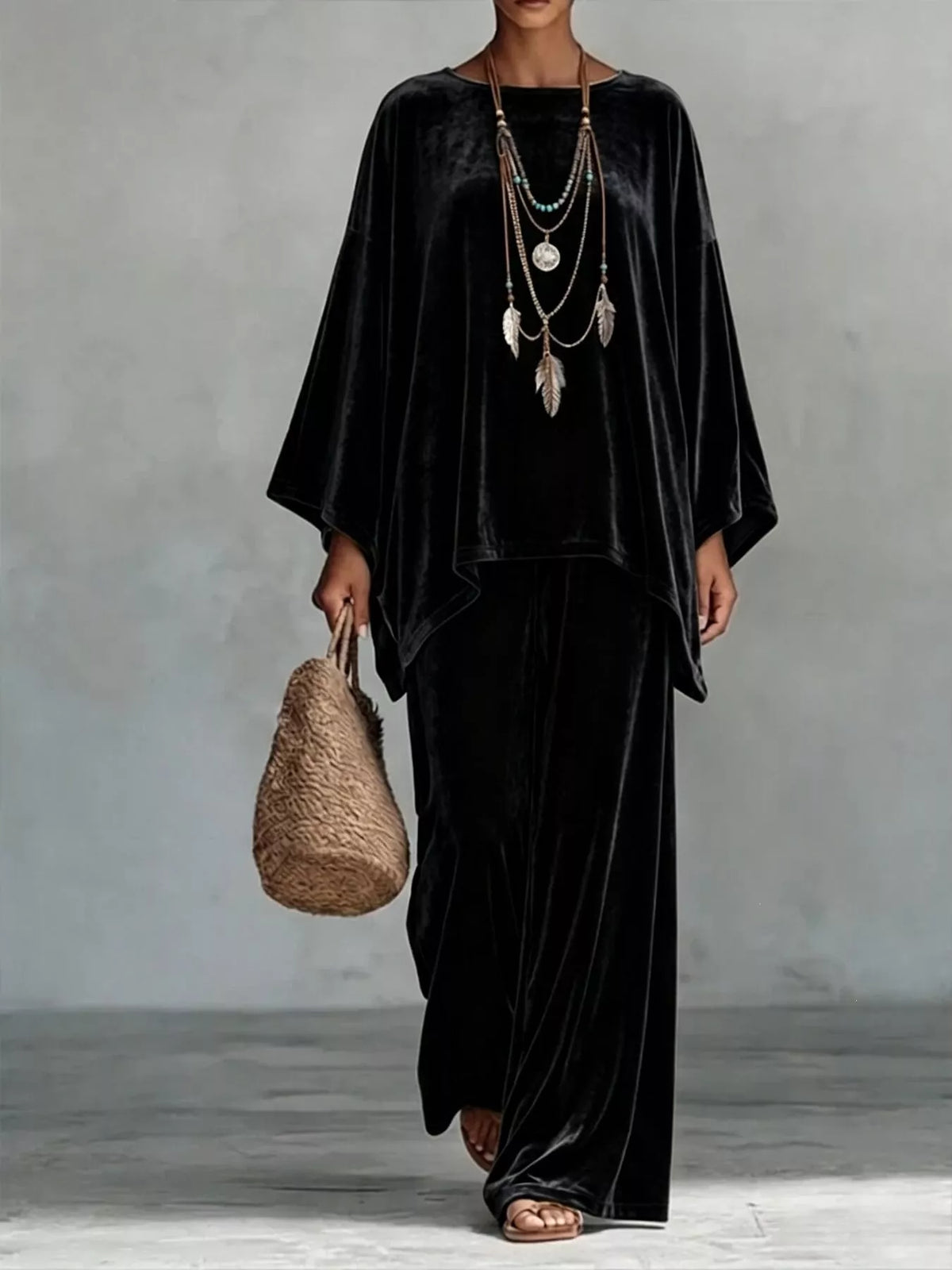 Full Size Asymmetrical Top and Wide Leg Pants Set Plus Size in Black