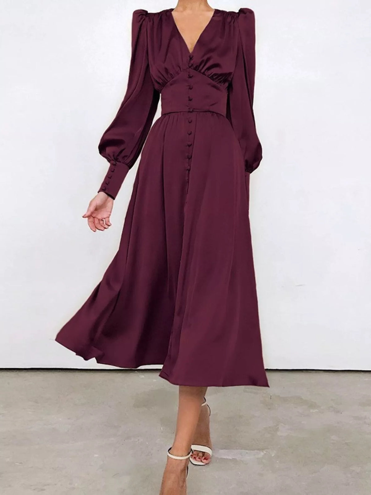 V-Neck Lantern Sleeve Midi Dress in Wine Red