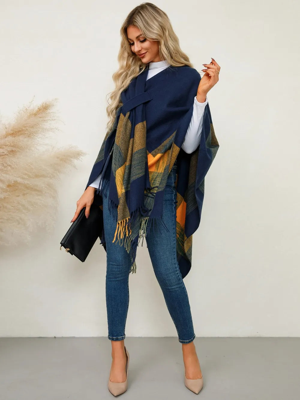 Fringe Contrast Plaid Poncho - Lilixa.store