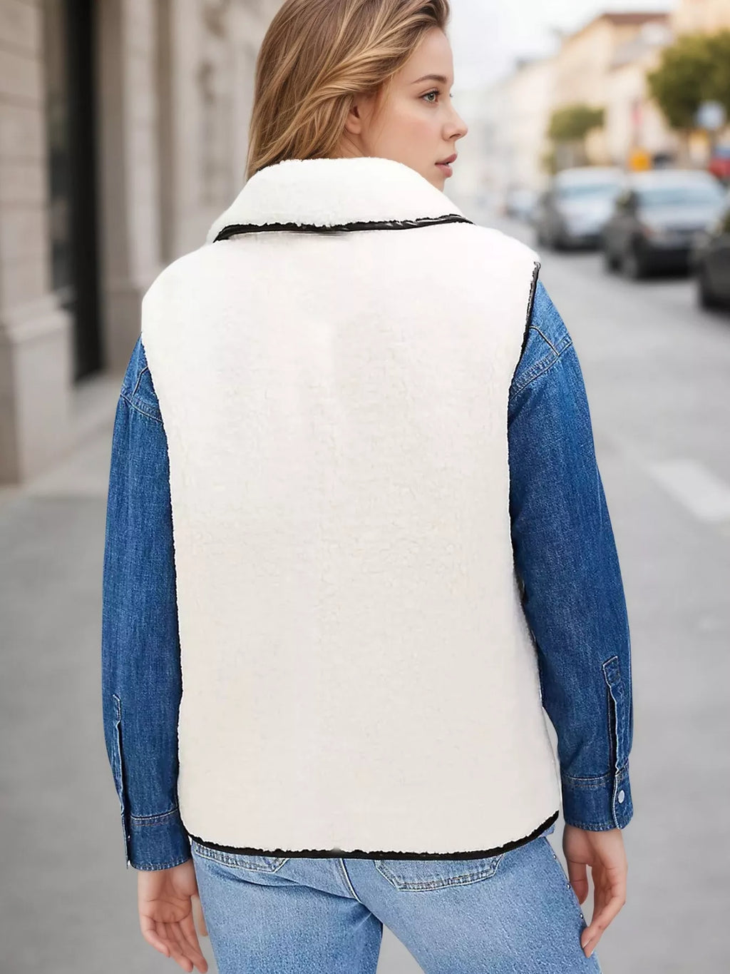 Sherpa Fleece Vest Coat with Contrast Trim - Lilixa.store