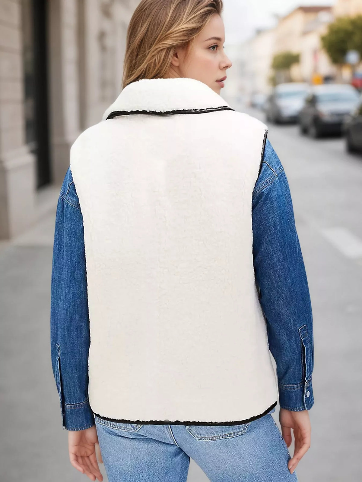 Sherpa Fleece Vest Coat with Contrast Trim - Lilixa.store