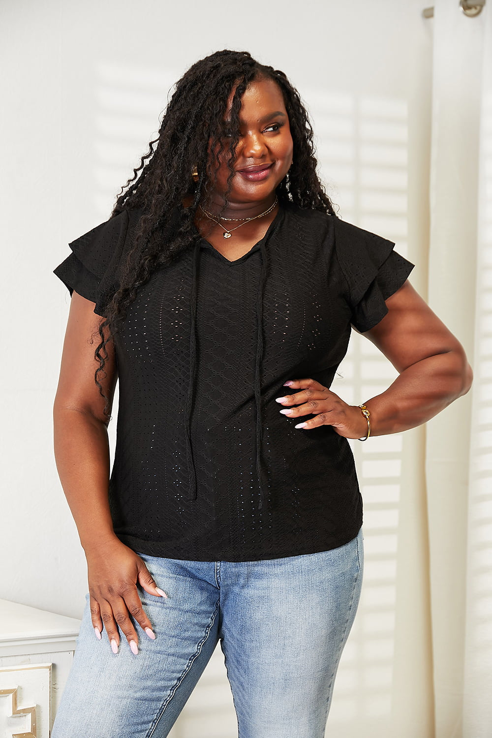 Mandy Eyelet Tie-Neck Flutter Sleeve Blouse in Black, view 5