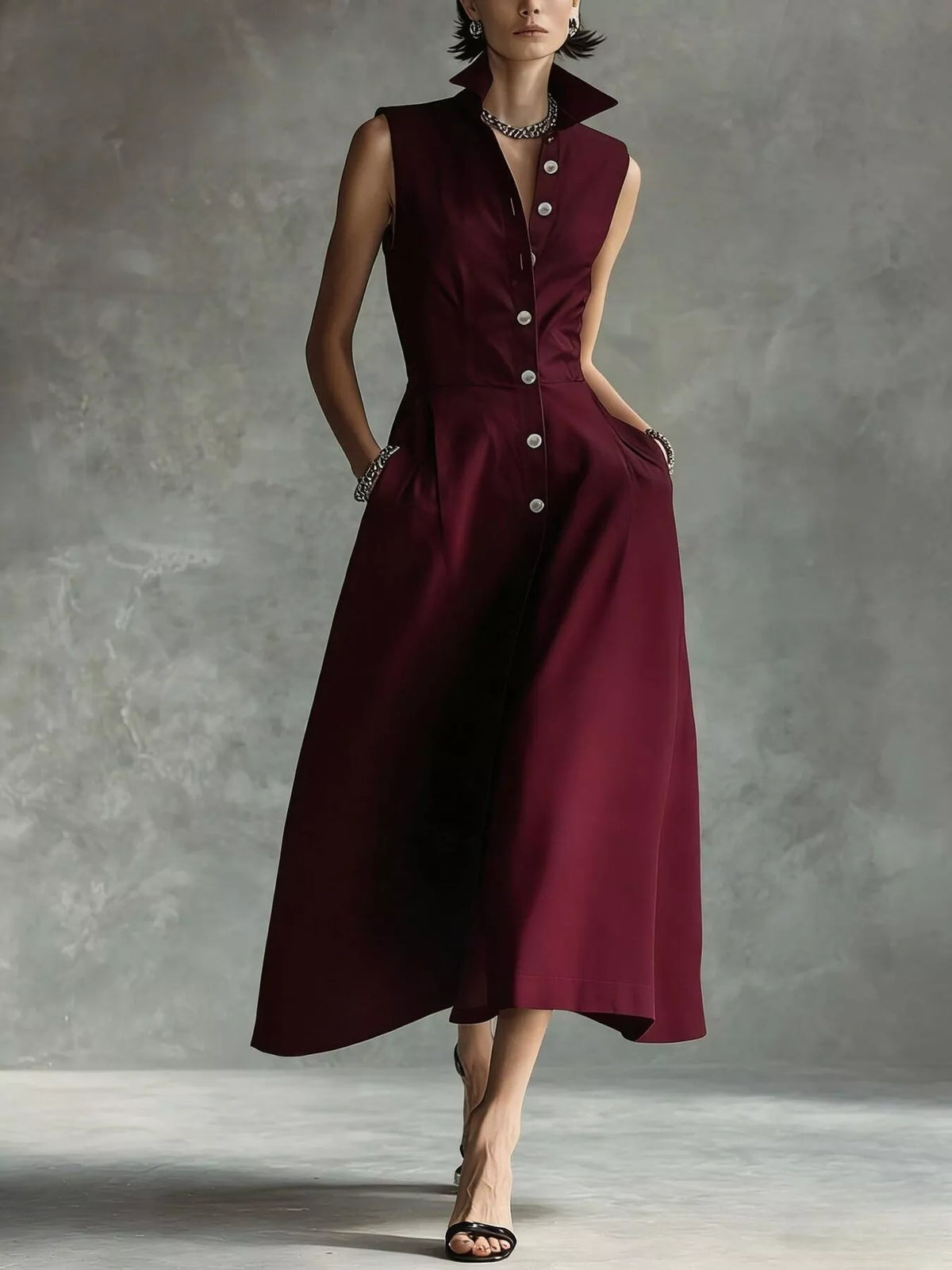 Sleeveless Button-Down Midi Shirt Dress in Wine Red